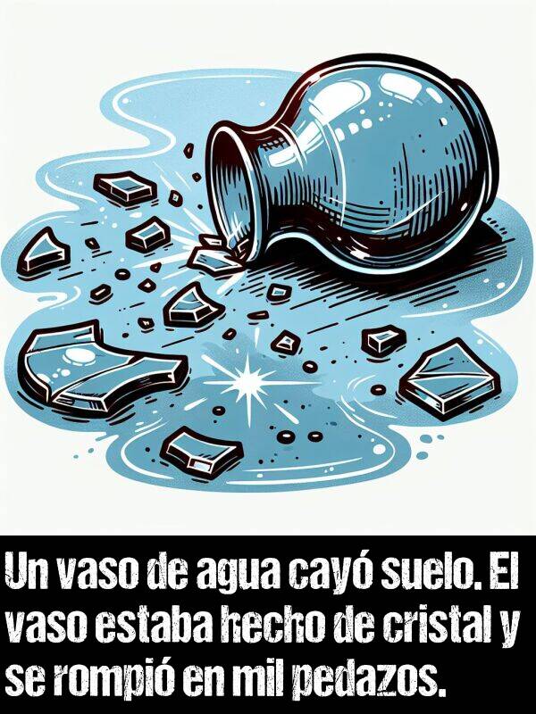 cay: Un vaso de agua cay suelo. El vaso estaba hecho de cristal y se rompi en mil pedazos.