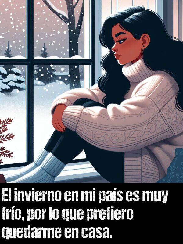 fro: El invierno en mi pas es muy fro, por lo que prefiero quedarme en casa.