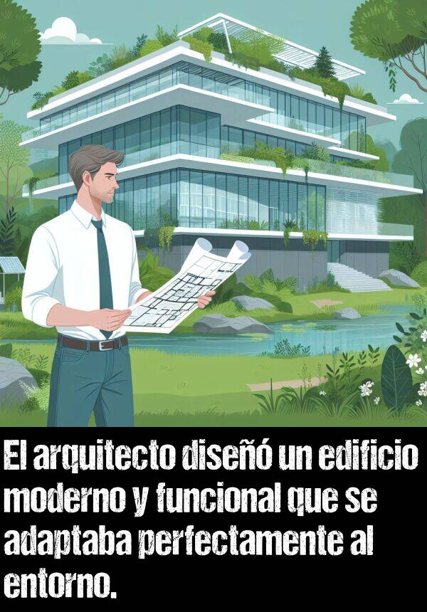 adaptaba: El arquitecto dise un edificio moderno y funcional que se adaptaba perfectamente al entorno.