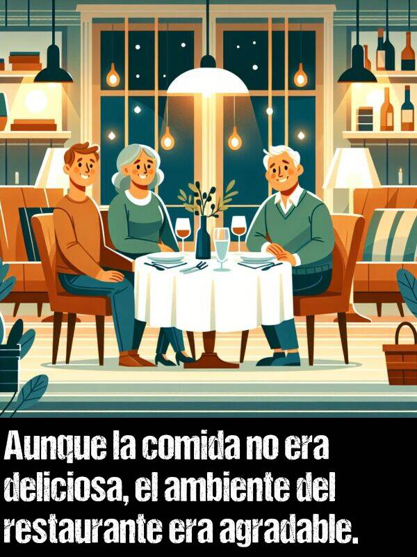 agradable: Aunque la comida no era deliciosa, el ambiente del restaurante era agradable.