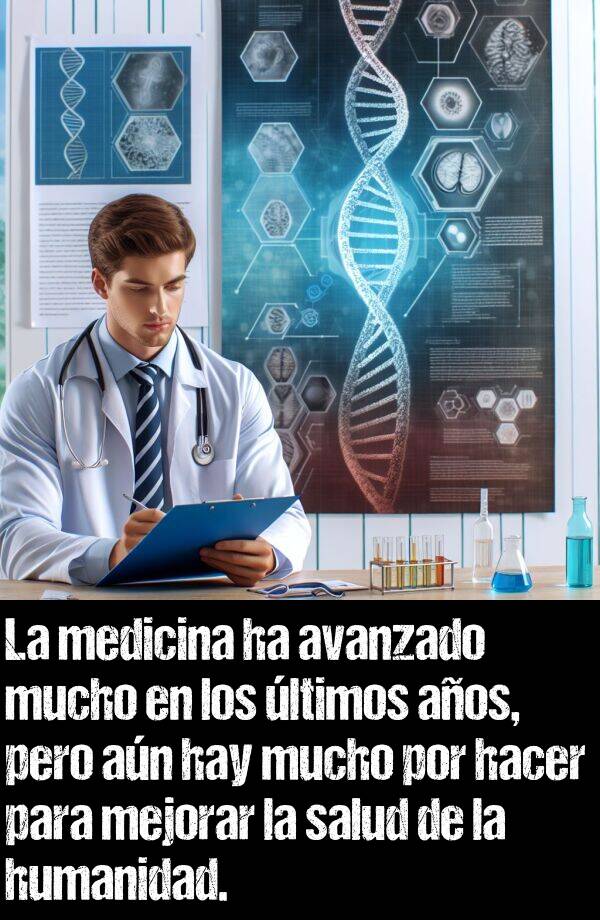 mejorar: La medicina ha avanzado mucho en los ltimos aos, pero an hay mucho por hacer para mejorar la salud de la humanidad.