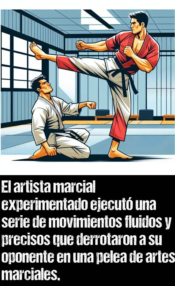 marcial: El artista marcial experimentado ejecut una serie de movimientos fluidos y precisos que derrotaron a su oponente en una pelea de artes marciales.
