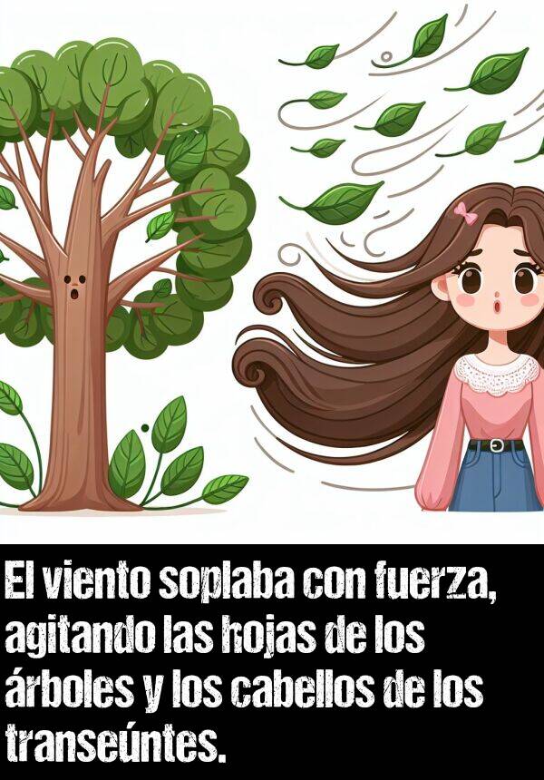 agitando: El viento soplaba con fuerza, agitando las hojas de los rboles y los cabellos de los transentes.