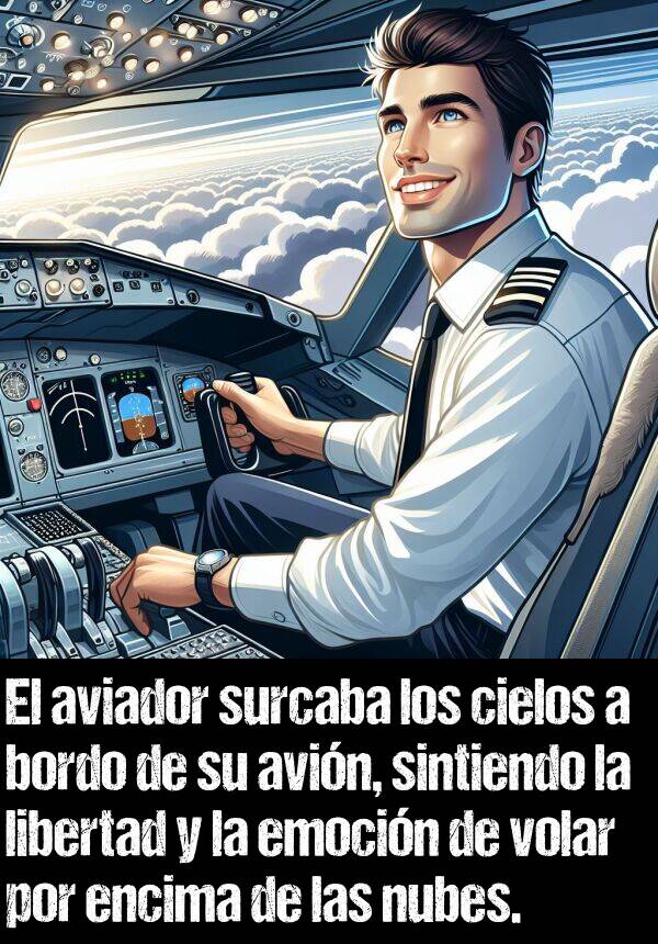 bordo: El aviador surcaba los cielos a bordo de su avin, sintiendo la libertad y la emocin de volar por encima de las nubes.