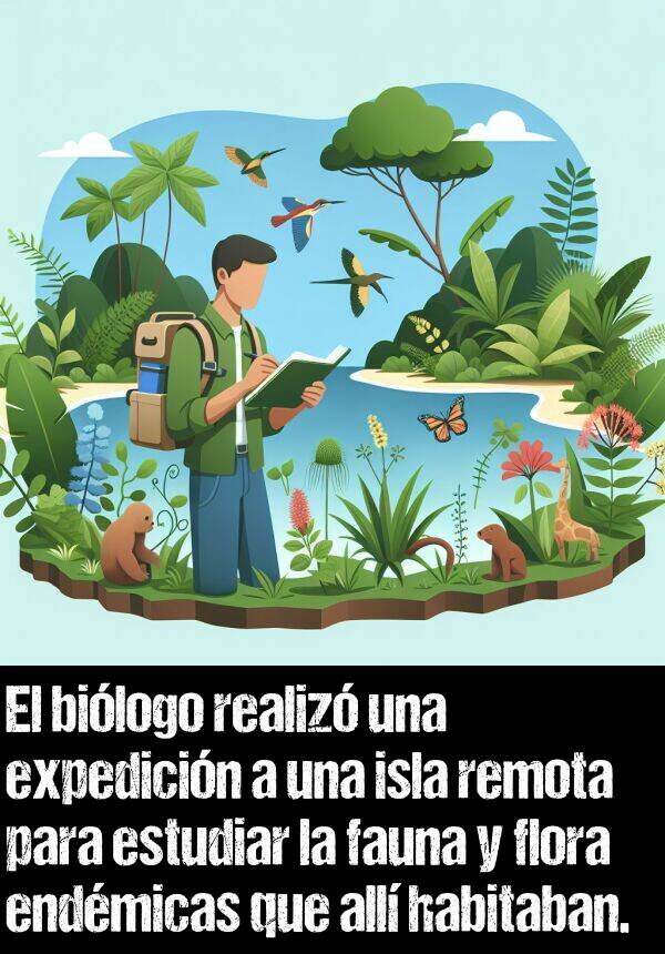 fauna: El bilogo realiz una expedicin a una isla remota para estudiar la fauna y flora endmicas que all habitaban.