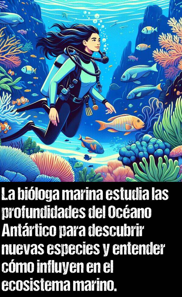 marino: La biloga marina estudia las profundidades del Ocano Antrtico para descubrir nuevas especies y entender cmo influyen en el ecosistema marino.