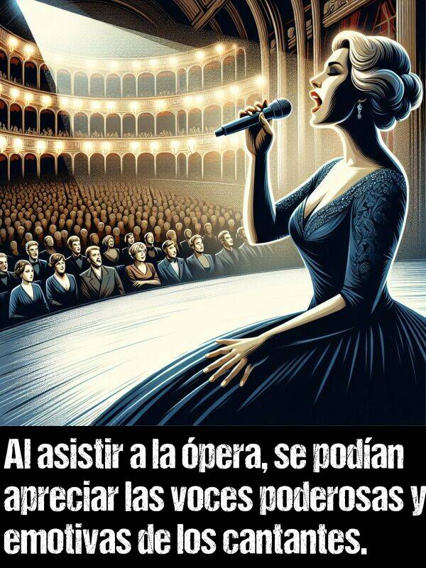 voces: Al asistir a la pera, se podan apreciar las voces poderosas y emotivas de los cantantes.