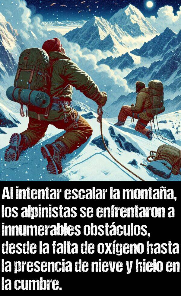 alpinistas: Al intentar escalar la montaa, los alpinistas se enfrentaron a innumerables obstculos, desde la falta de oxgeno hasta la presencia de nieve y hielo en la cumbre.