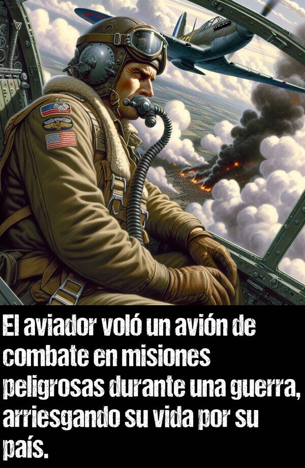 avin: El aviador vol un avin de combate en misiones peligrosas durante una guerra, arriesgando su vida por su pas.