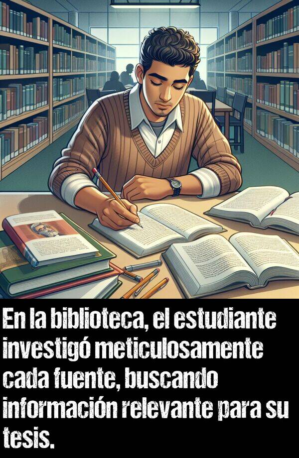 estudiante: En la biblioteca, el estudiante investig meticulosamente cada fuente, buscando informacin relevante para su tesis.