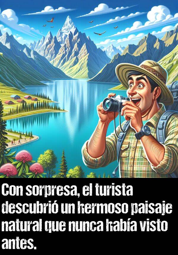 natural: Con sorpresa, el turista descubri un hermoso paisaje natural que nunca haba visto antes.