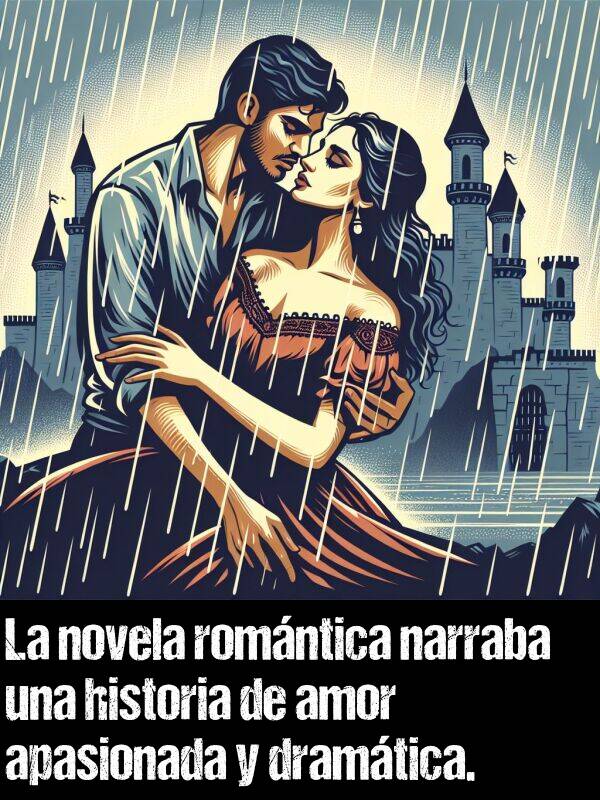 narraba: La novela romntica narraba una historia de amor apasionada y dramtica.