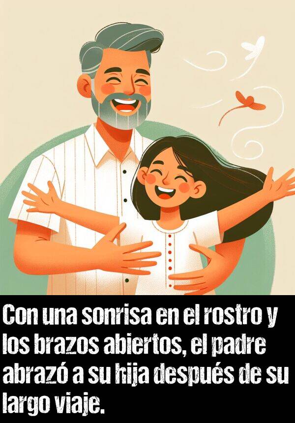 hija: Con una sonrisa en el rostro y los brazos abiertos, el padre abraz a su hija despus de su largo viaje.