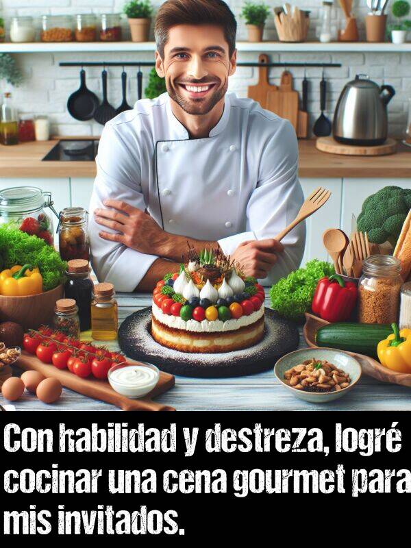 destreza: Con habilidad y destreza, logr cocinar una cena gourmet para mis invitados.