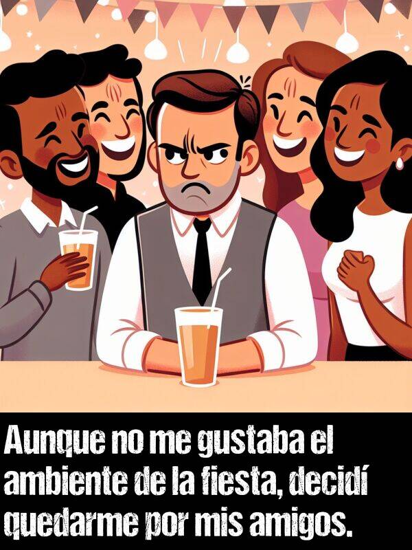 quedarme: Aunque no me gustaba el ambiente de la fiesta, decid quedarme por mis amigos.
