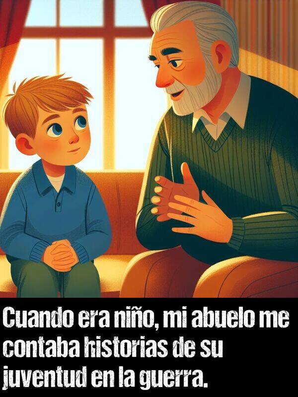 contaba: Cuando era nio, mi abuelo me contaba historias de su juventud en la guerra.