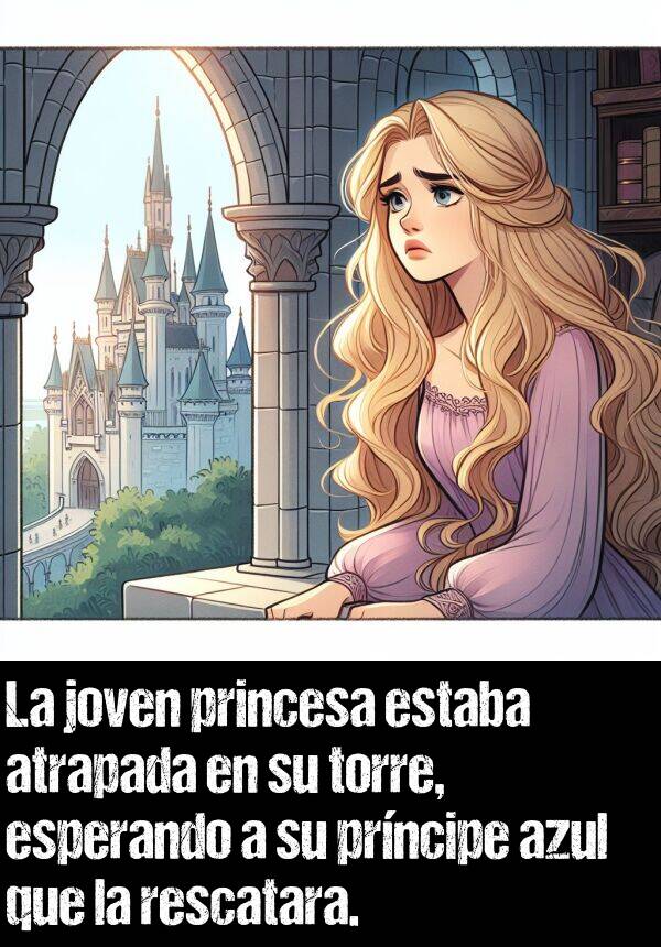 joven: La joven princesa estaba atrapada en su torre, esperando a su prncipe azul que la rescatara.