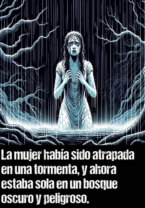 ahora: La mujer haba sido atrapada en una tormenta, y ahora estaba sola en un bosque oscuro y peligroso.