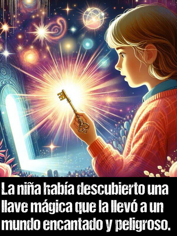 descubierto: La nia haba descubierto una llave mgica que la llev a un mundo encantado y peligroso.