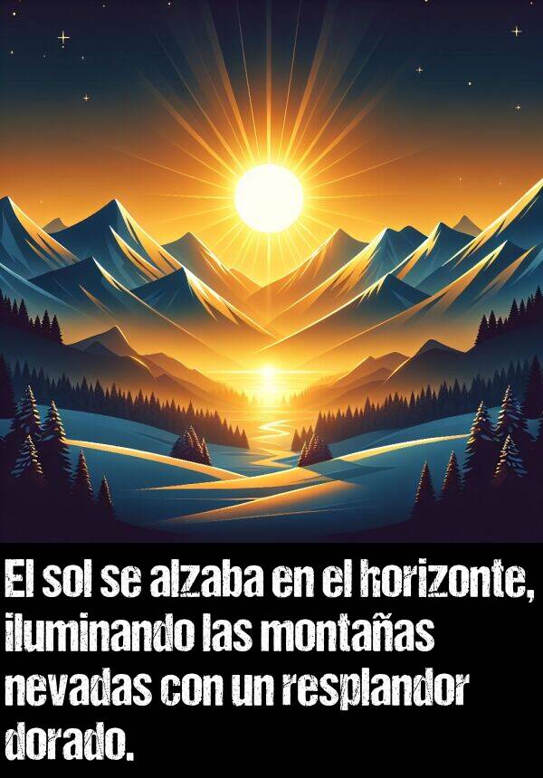 resplandor: El sol se alzaba en el horizonte, iluminando las montaas nevadas con un resplandor dorado.