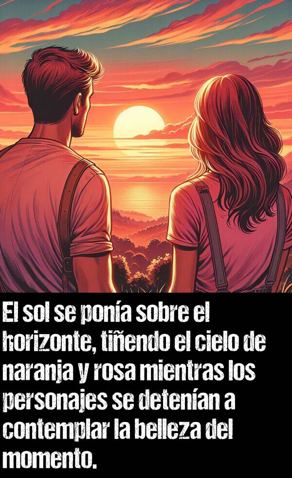naranja: El sol se pona sobre el horizonte, tiendo el cielo de naranja y rosa mientras los personajes se detenan a contemplar la belleza del momento.