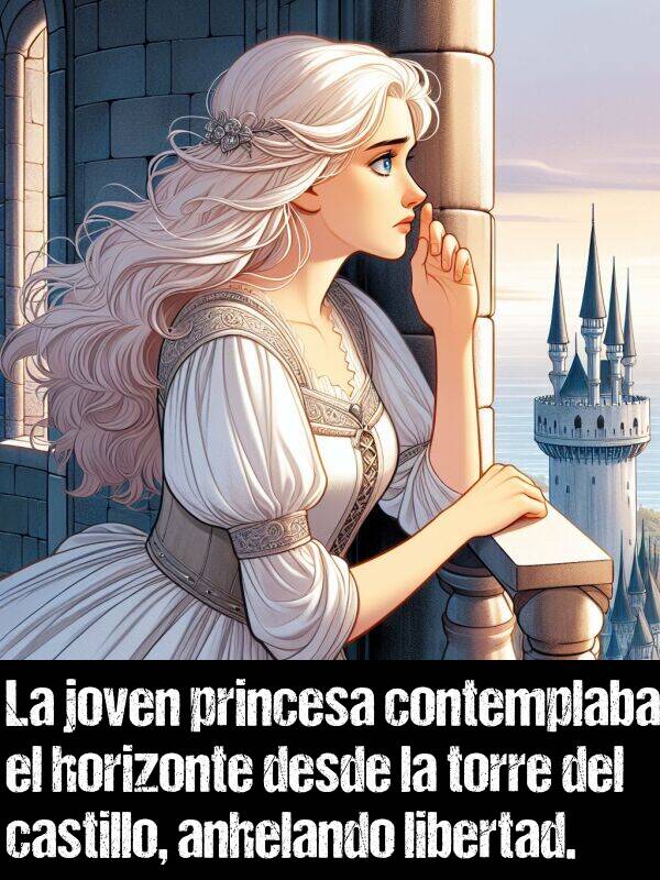 anhelando: La joven princesa contemplaba el horizonte desde la torre del castillo, anhelando libertad.