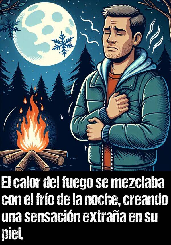 calor: El calor del fuego se mezclaba con el fro de la noche, creando una sensacin extraa en su piel.