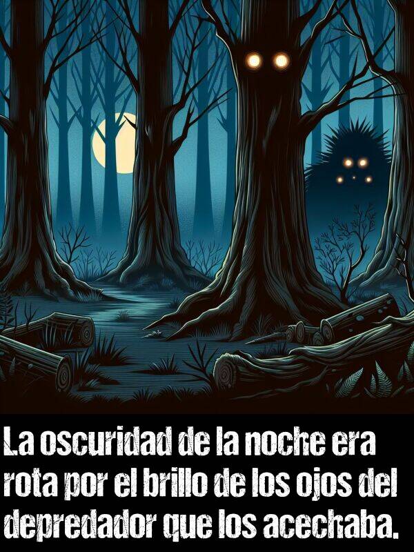 acechaba: La oscuridad de la noche era rota por el brillo de los ojos del depredador que los acechaba.