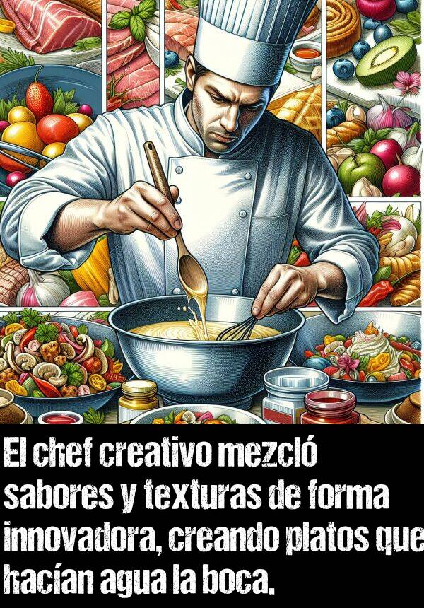 texturas: El chef creativo mezcl sabores y texturas de forma innovadora, creando platos que hacan agua la boca.