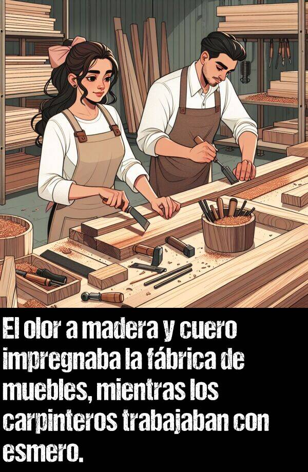 impregnaba: El olor a madera y cuero impregnaba la fbrica de muebles, mientras los carpinteros trabajaban con esmero.