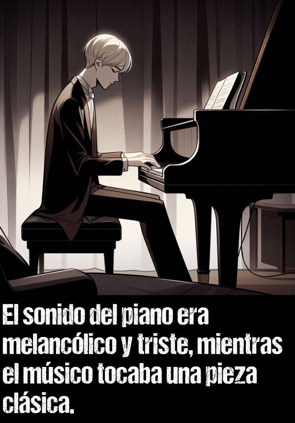 melanclico: El sonido del piano era melanclico y triste, mientras el msico tocaba una pieza clsica.