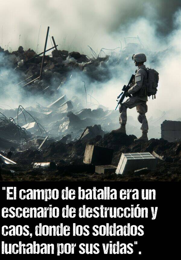 caos: "El campo de batalla era un escenario de destruccin y caos, donde los soldados luchaban por sus vidas".