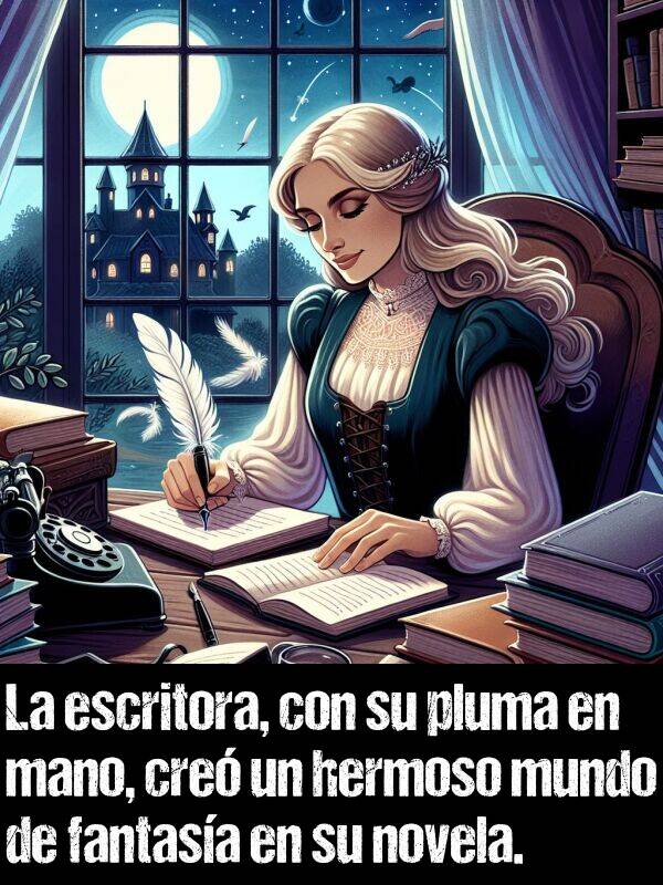 mano: La escritora, con su pluma en mano, cre un hermoso mundo de fantasa en su novela.