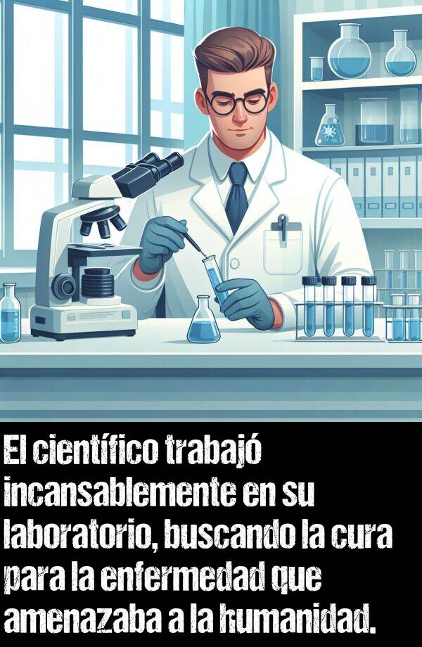 cura: El cientfico trabaj incansablemente en su laboratorio, buscando la cura para la enfermedad que amenazaba a la humanidad.