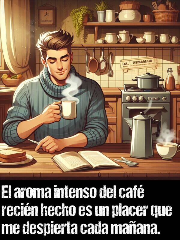 placer: El aroma intenso del caf recin hecho es un placer que me despierta cada maana.
