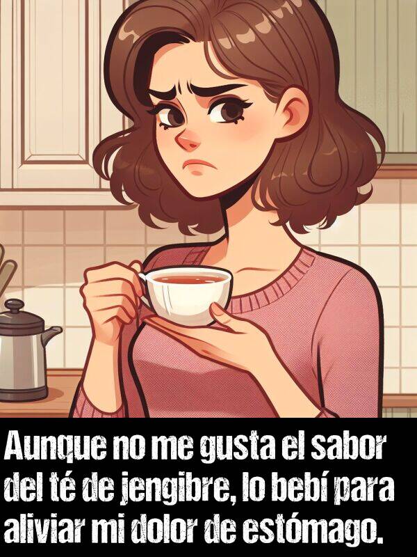 jengibre: Aunque no me gusta el sabor del t de jengibre, lo beb para aliviar mi dolor de estmago.