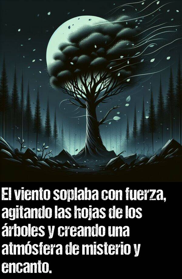 agitando: El viento soplaba con fuerza, agitando las hojas de los rboles y creando una atmsfera de misterio y encanto.