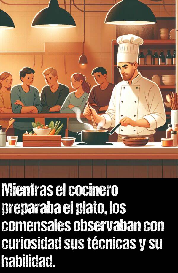tcnicas: Mientras el cocinero preparaba el plato, los comensales observaban con curiosidad sus tcnicas y su habilidad.
