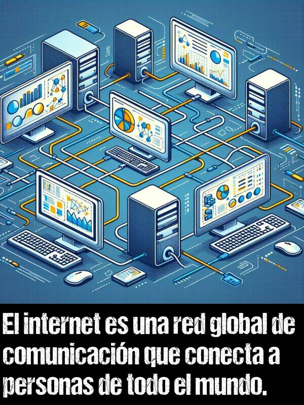 conecta: El internet es una red global de comunicacin que conecta a personas de todo el mundo.