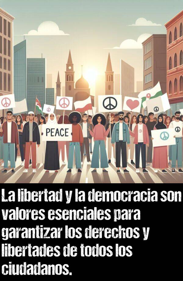 democracia: La libertad y la democracia son valores esenciales para garantizar los derechos y libertades de todos los ciudadanos.