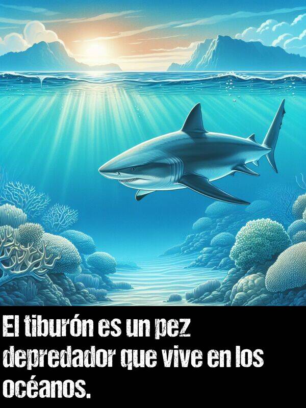 tiburn: El tiburn es un pez depredador que vive en los ocanos.