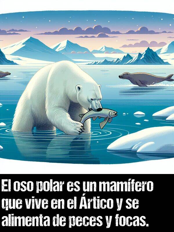 polar: El oso polar es un mamfero que vive en el rtico y se alimenta de peces y focas.