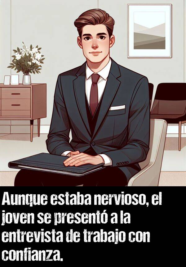 joven: Aunque estaba nervioso, el joven se present a la entrevista de trabajo con confianza.