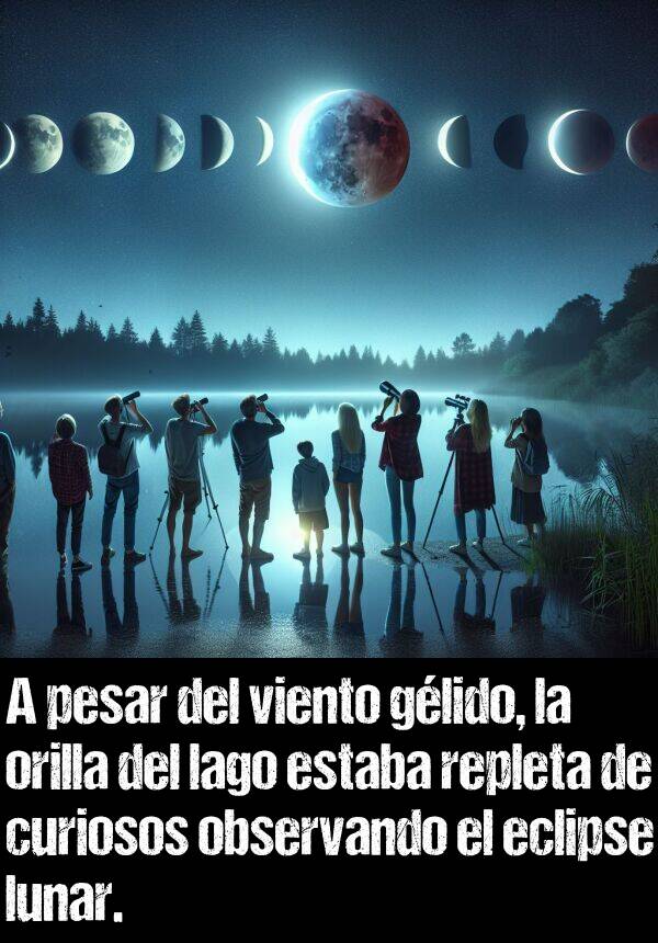 glido: A pesar del viento glido, la orilla del lago estaba repleta de curiosos observando el eclipse lunar.