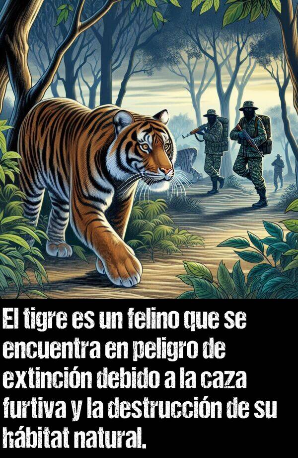 extincin: El tigre es un felino que se encuentra en peligro de extincin debido a la caza furtiva y la destruccin de su hbitat natural.