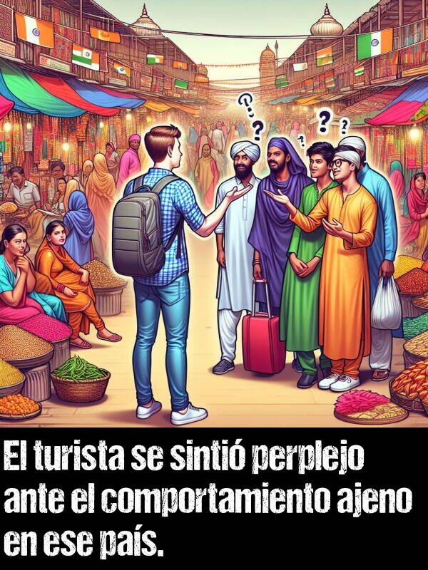 ajeno: El turista se sinti perplejo ante el comportamiento ajeno en ese pas.