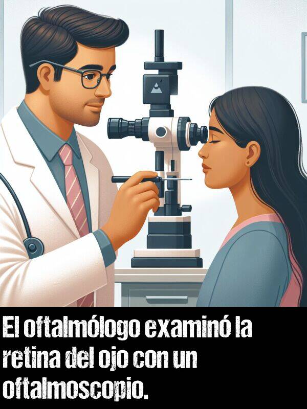oftalmoscopio: El oftalmólogo examinó la retina del ojo con un oftalmoscopio.
