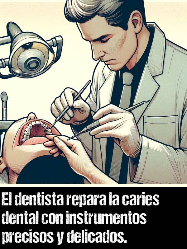 dentista: El dentista repara la caries dental con instrumentos precisos y delicados.