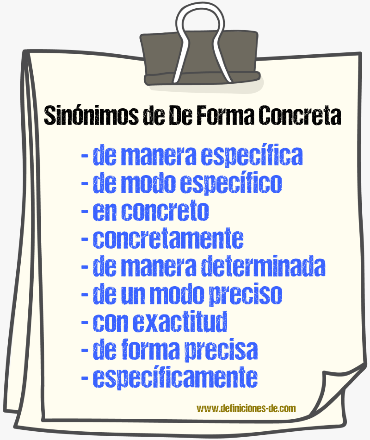 Sinónimos de de forma concreta