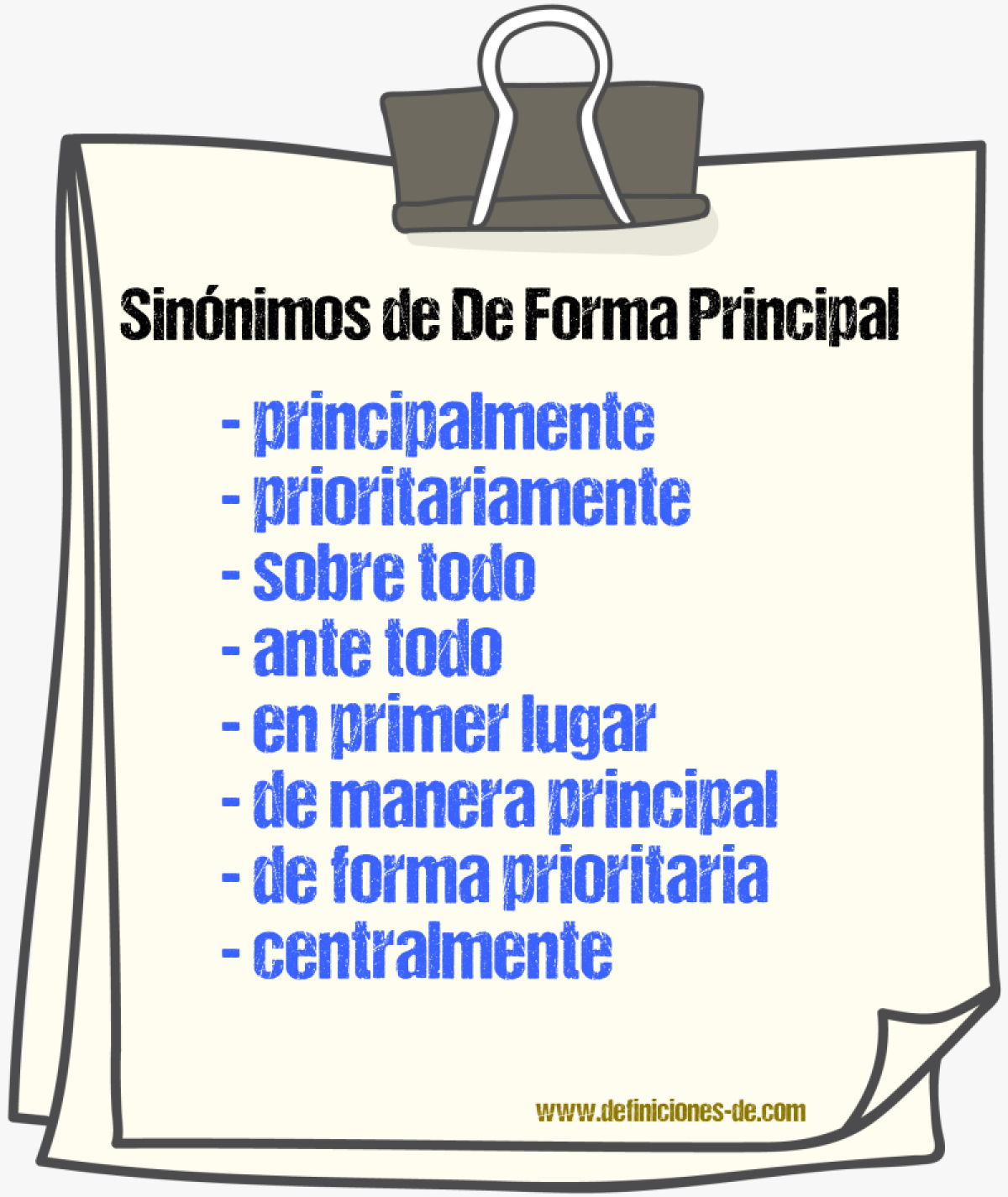 Sinónimos de de forma principal